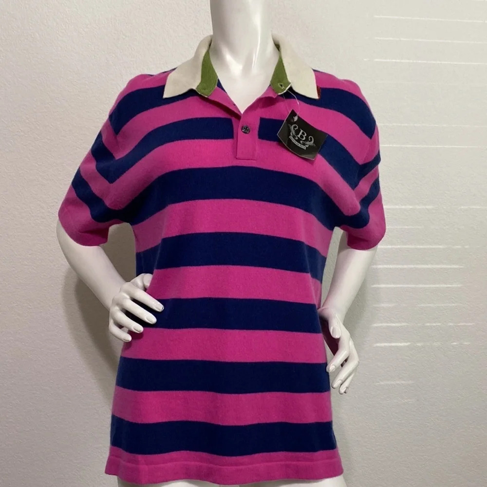 Bacca Da Silva NEW Cashmere Polo Shirt Striped Large Chest Logo Pink/Navy Size M